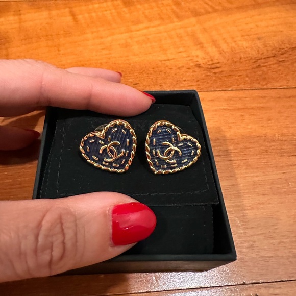 CHANEL blue/gold Enamel & Metal Heart Earrings 💙 - Picture 1 of 6